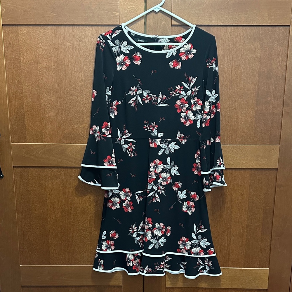 Alfani Black Dress with Red and White Floral Design